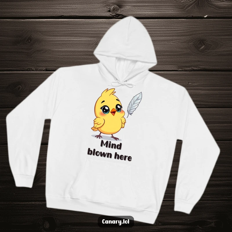 Funny astonished canary bird hoodie, wide eyes, staring up at a floating feather in utter amazement. Warm and humorous apparel.