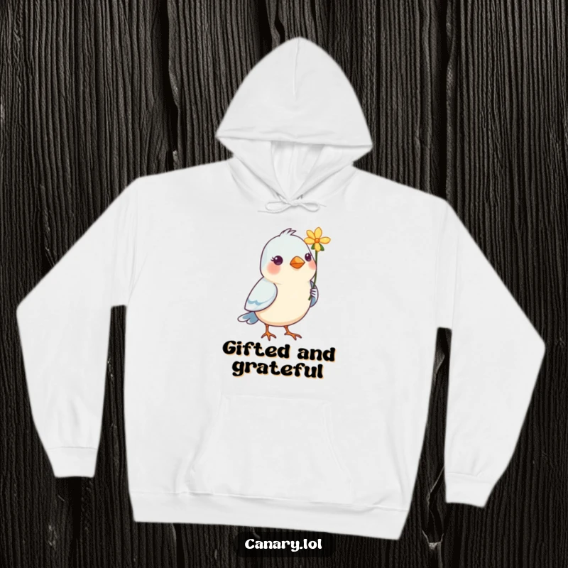 Funny Bird Hoodie: A cute bird holding a single flower in its beak, perfect for staying warm and stylishly sweet.