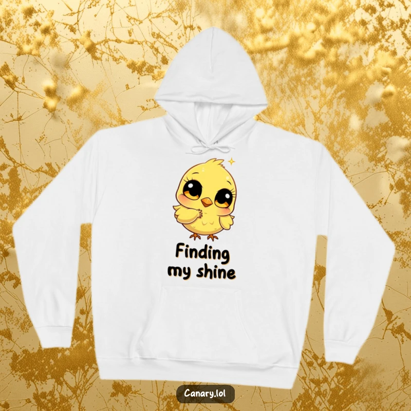 Funny stylized canary hoodie with big bright eyes pecking a golden sparkle, offering warm comfort and a humorous, dreamy aesthetic.