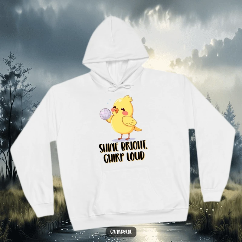 Funny canary bird, small and round, joyfully spinning a shiny disco ball, depicted on a soft hoodie.