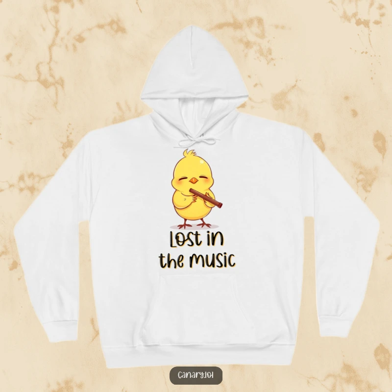 Funny hoodie featuring a canary with eyes shut in delight, peacefully playing a tiny flute, embodying musical tranquility and joy.