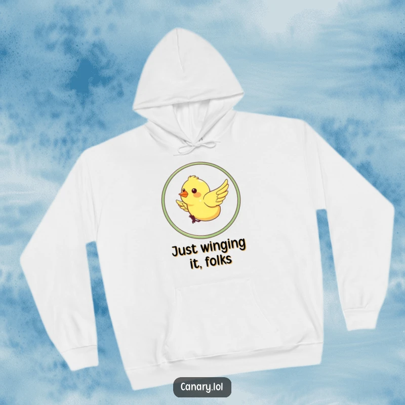 Funny hoodie featuring a beaming canary performing a dynamic loop-the-loop in the sky, symbolizing unbound joy and playful energy.
