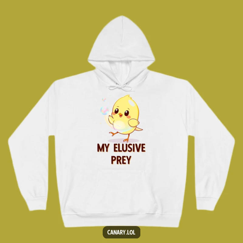 Funny Cozy Hoodie: Canary Chasing Bubbles, Playful Bird Gift
