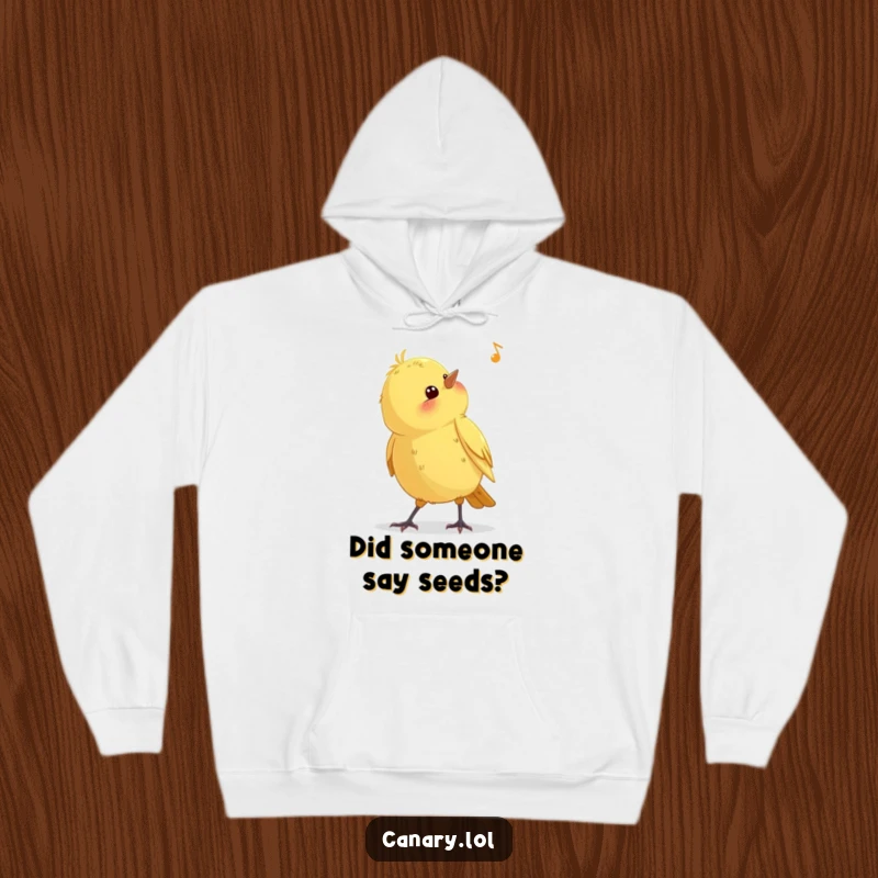 Funny curious canary bird hoodie, head tilted to listen, cozy and warm, perfect for bird lovers seeking a humorous gift.