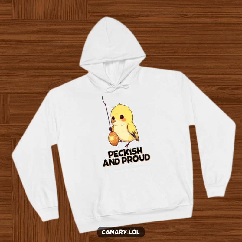 Funny Hoodie depicting a curious canary bird, captivated and pecking at a dangling, sparkling seed, a charming sight.