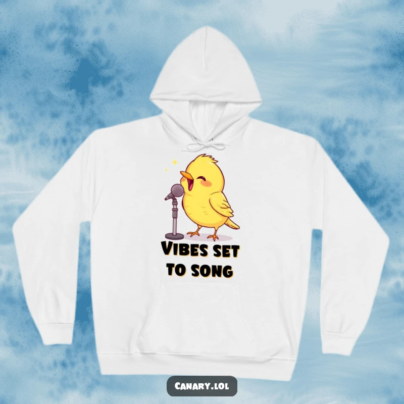 Funny Hoodie: A bright canary beams with joy while singing into a tiny microphone, offering warmth and humorous, musical cheer.