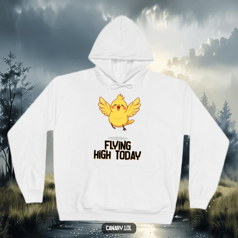 Funny Hoodie: A cheerful canary bird with spread wings takes a dynamic, joyful leap, perfect for cozy contemplation of adventure.