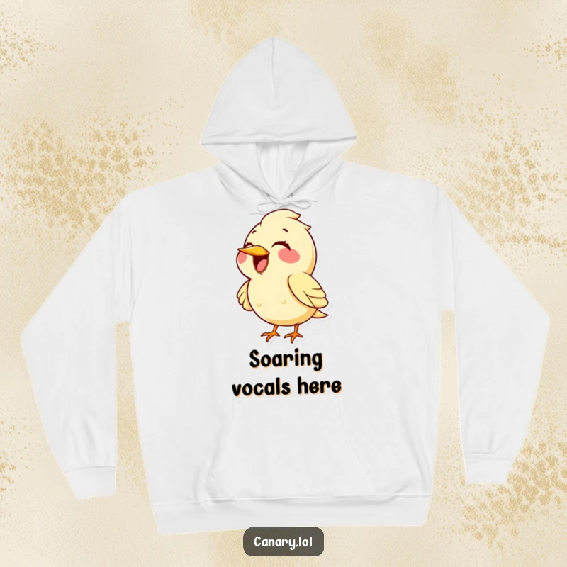 Funny kawaii canary bird hoodie, wide smile, singing a super high note. Comfy, warm, and musically hilarious apparel.