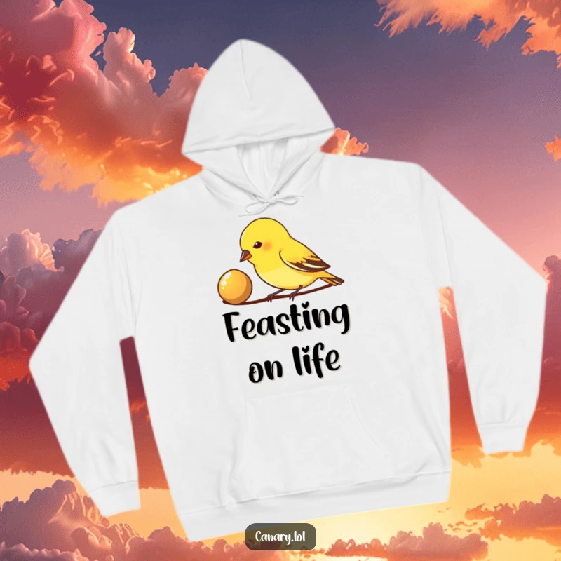 Funny Hoodie: A small canary bird with intense focus pecks at a shiny seed, perfect for cozy contemplation and goal-setting.
