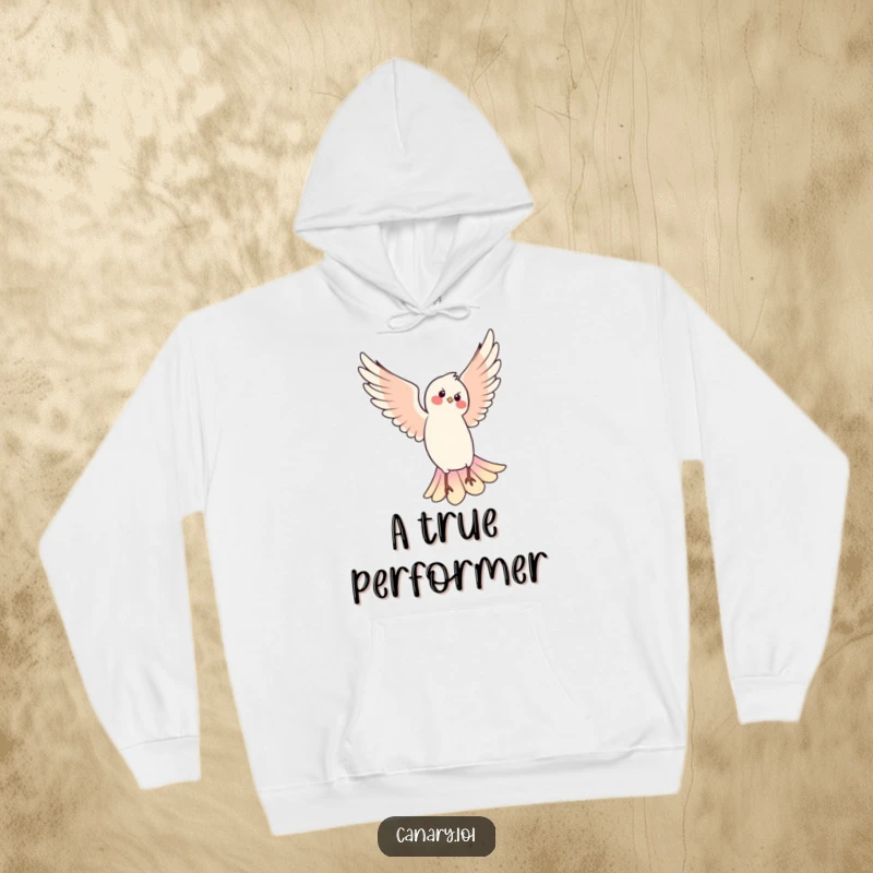 Funny hooded sweatshirt with a bird performing a beautiful pirouette in mid-air, a warm and humorous piece of apparel.