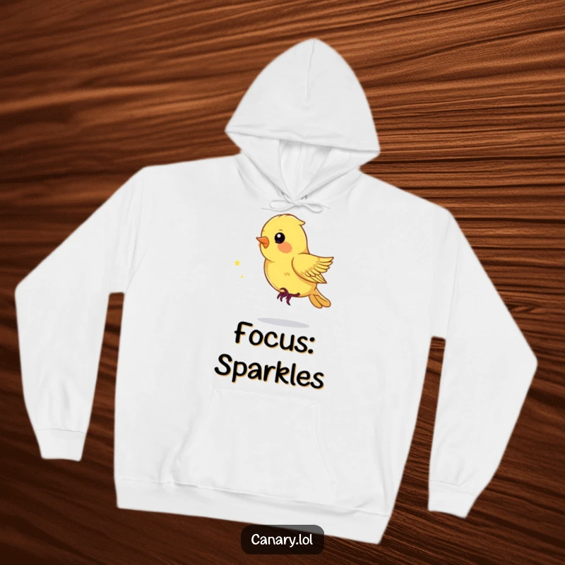 Funny Hoodie showcasing a playful canary bird chasing a sparkling dust mote, perfect for cozy and fun days.