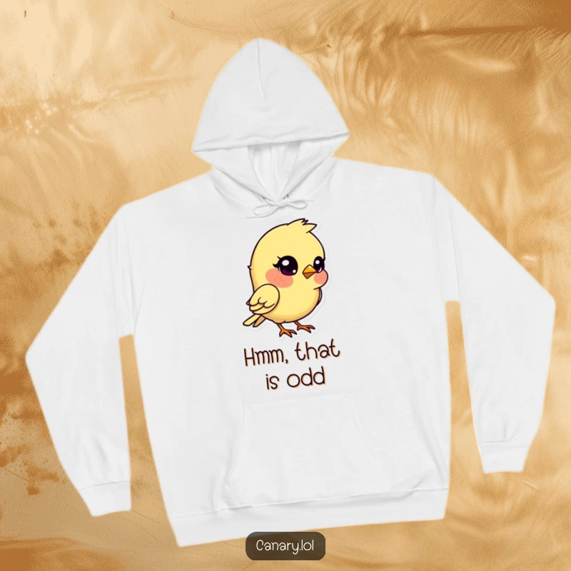 Funny kawaii canary bird hoodie, head tilted quizzically, a comfortable and humorous apparel item.