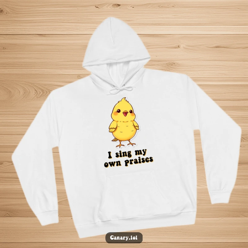 Funny kawaii canary bird hoodie, chest puffed out in a cheerful chirp, a warm and humorous apparel item.