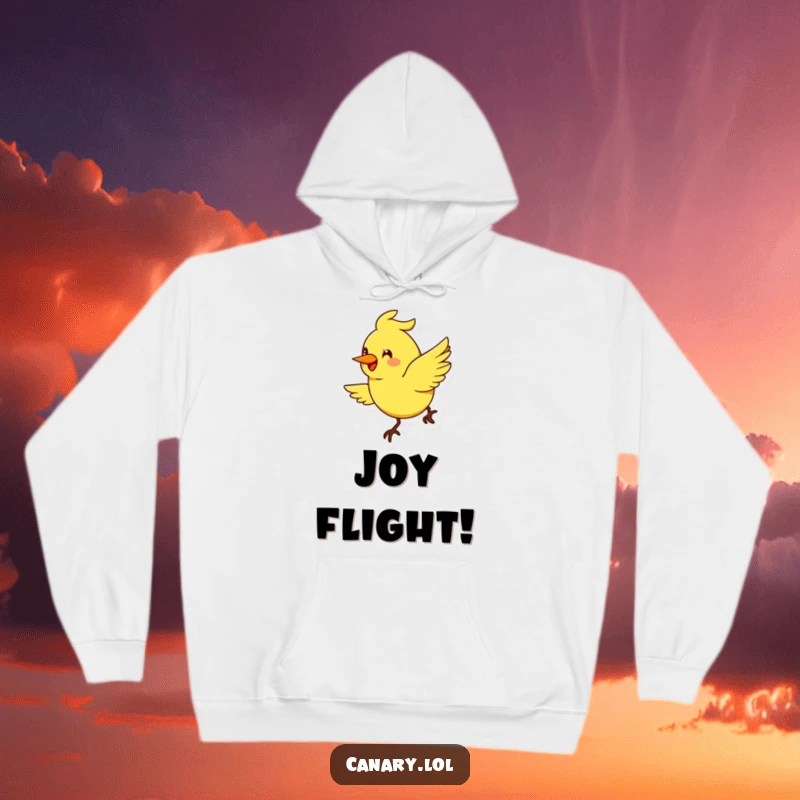 Funny stylized canary bird hoodie, exaggerated smile, flying in a cheerful arc, cozy and joyful apparel.