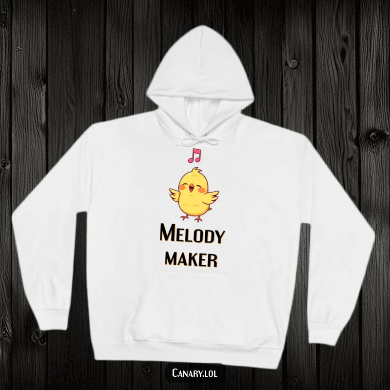 Funny Canary Hoodie: Warm sweatshirt featuring a cheerful bird singing powerfully with a musical note, ideal for comfort and music fans.
