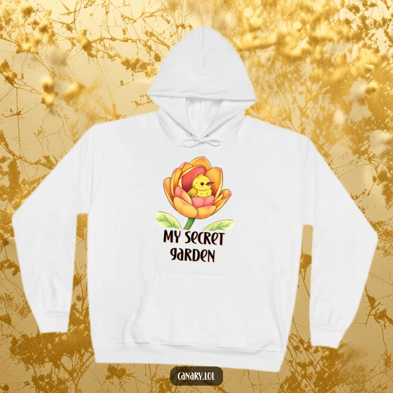 Funny peek-a-boo canary hoodie, cute bird peeking from a giant colorful flower bud, cozy and warm.