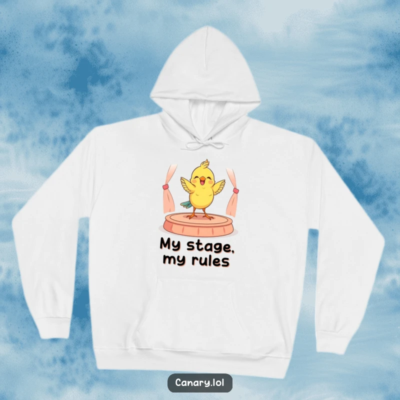 Funny and cozy hoodie showing a happy canary gracefully dancing on a small stage, radiating joy and performance artistry.