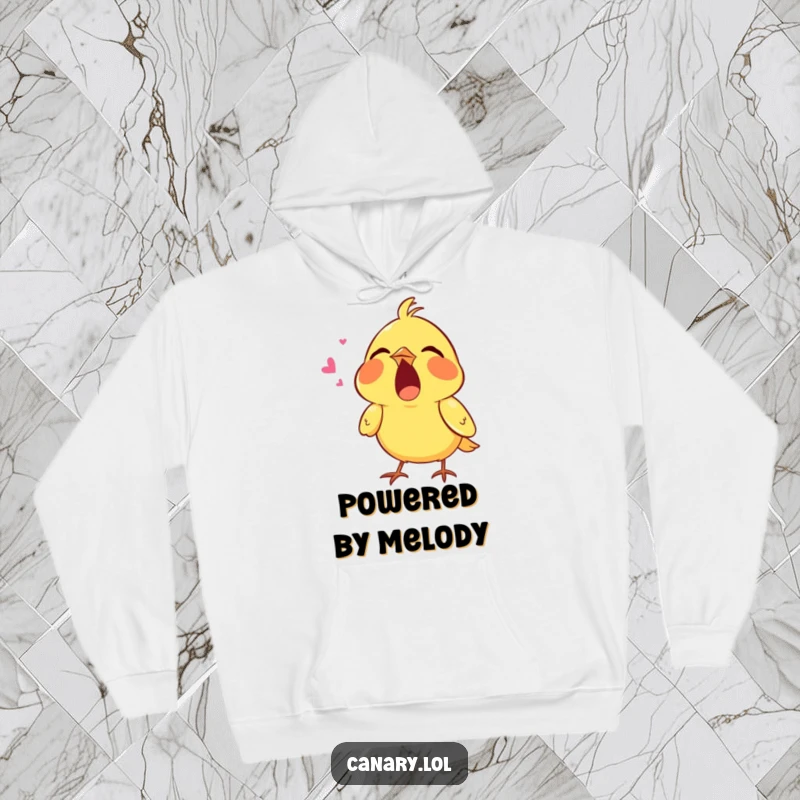 Funny hoodie depicting a tiny canary singing its heart out with its mouth wide open, symbolizing musical passion and joy.