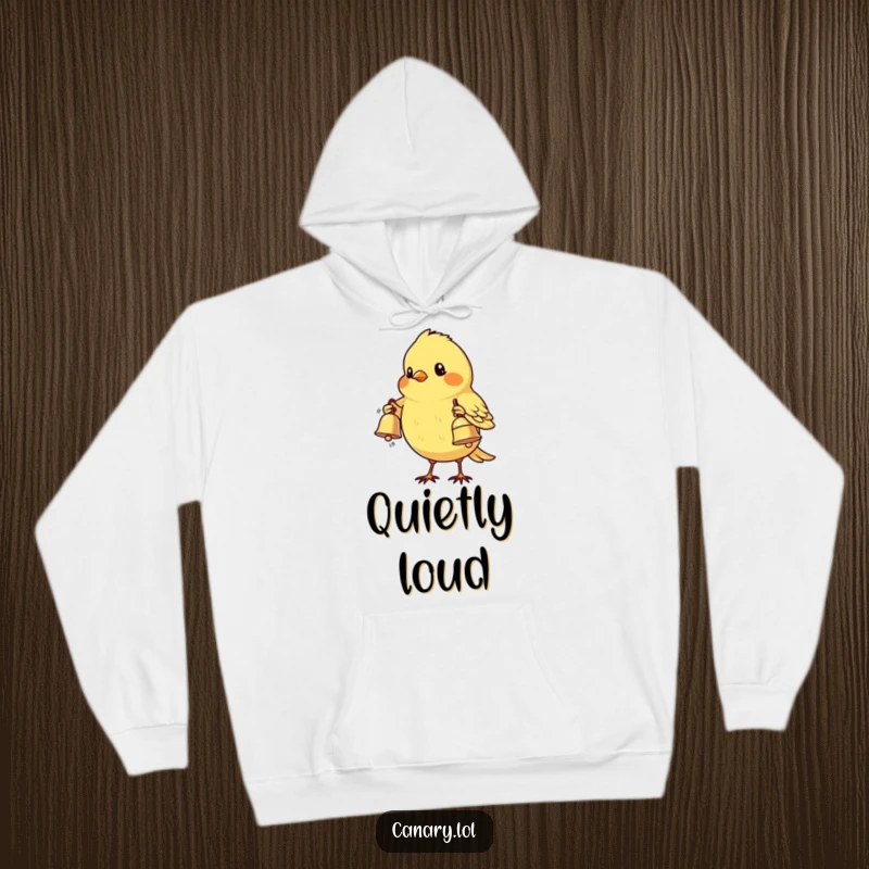 Funny Shy Canary Bird Hoodie: A bashful canary bird gracefully offers a tiny, shiny bell, radiating soft humor and warmth.