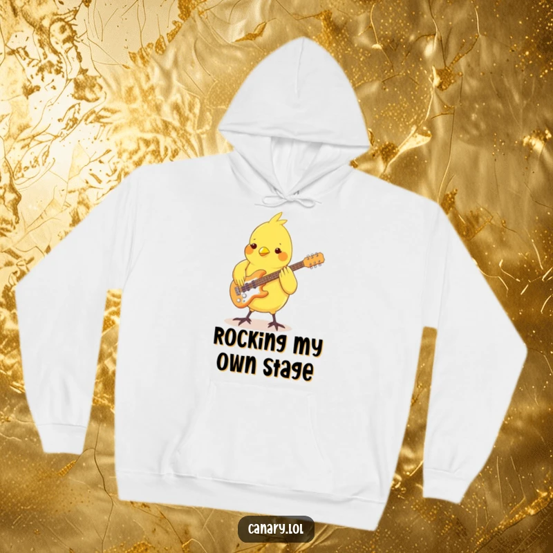 Funny Canary Hoodie: A cute bird jamming on a tiny guitar using its feet, looking cool and musical, perfect for bird lovers.