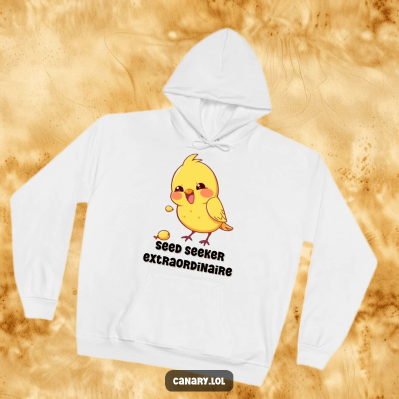 Funny kawaii canary hoodie with a bird excitedly pecking at a tiny seed, perfect for cozy, humorous wear.
