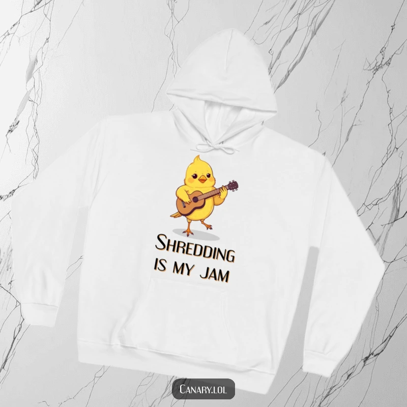 Funny Canary Jam Hoodie showing a small canary playing a miniature guitar with its feet, looking completely absorbed in the music.