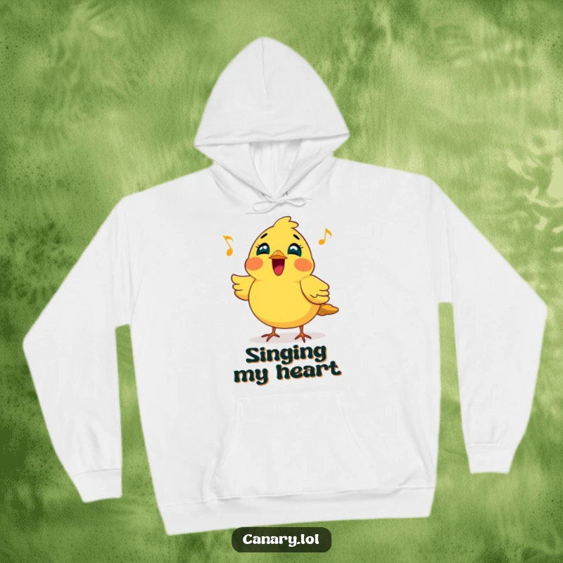 Funny hoodie depicting a cheerful canary bird with its chest puffed out, joyfully singing a bright, melodic tune, perfect for cozy wear.