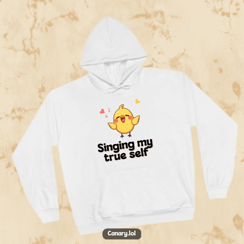 Funny Hoodie featuring a small, yellow bird with a large beak singing joyfully, creating a cozy and cheerful atmosphere perfect for relaxation.