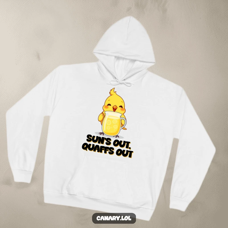 Funny canary bird hoodie, enthusiastically chugging from a tiny lemonade pitcher, cozy and humorous design.