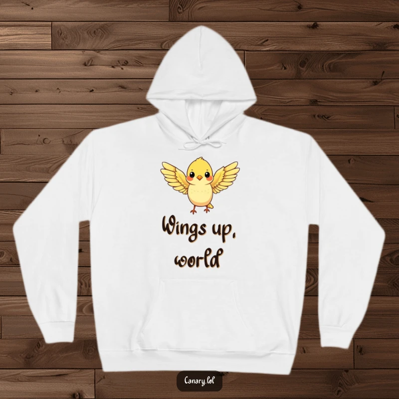 Funny hoodie design of a cute yellow canary spreading its wings wide, ready for flight, combining warmth and motivation.