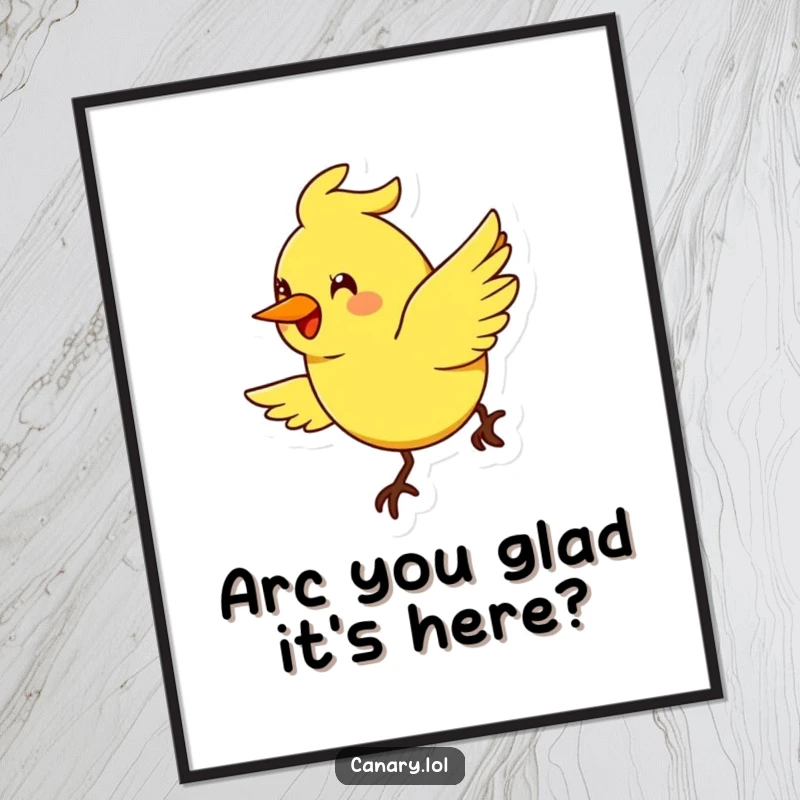 Funny Free Printable Wall Art: A stylized canary bird with an exaggerated smile flies in a cheerful arc, cheerful downloadable art.