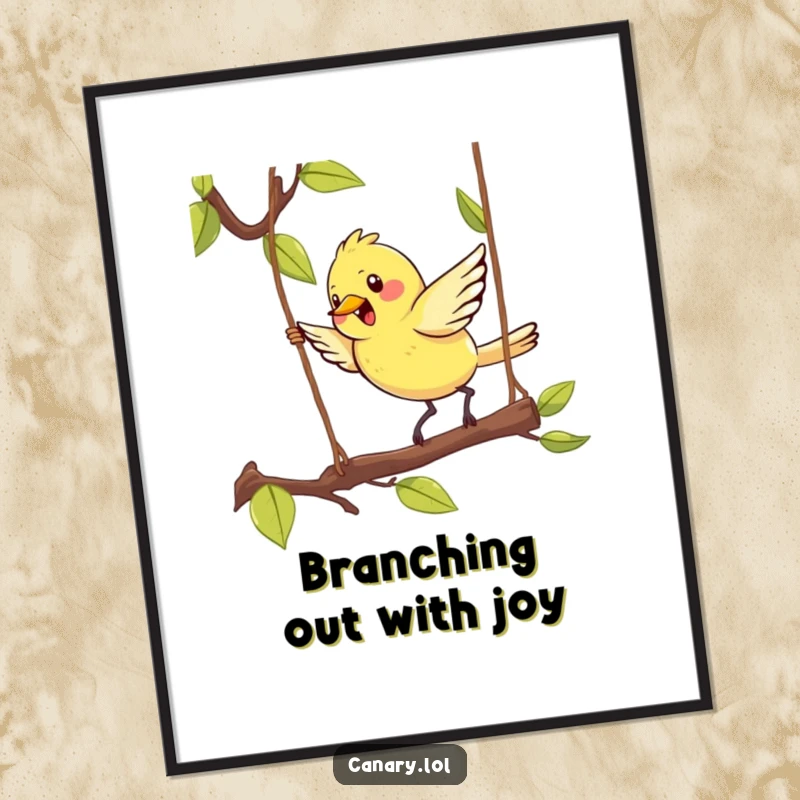 Funny Free Printable Wall Art showcasing a cute kawaii canary happily hopping on a swinging branch, adding cheer to any room.