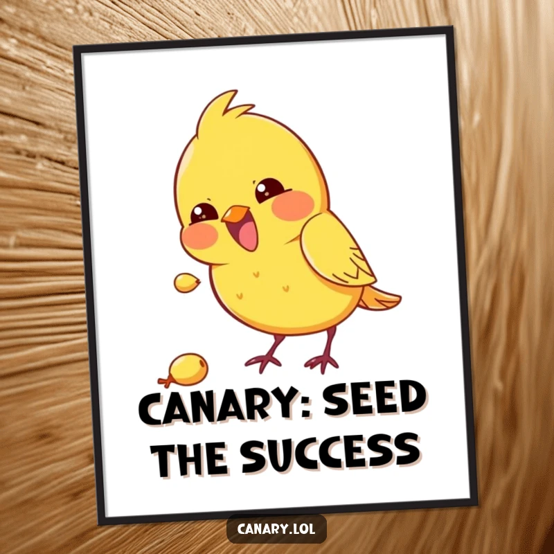 Funny free printable wall art showing a kawaii canary bird excitedly pecking at a tiny seed with great concentration and charm.