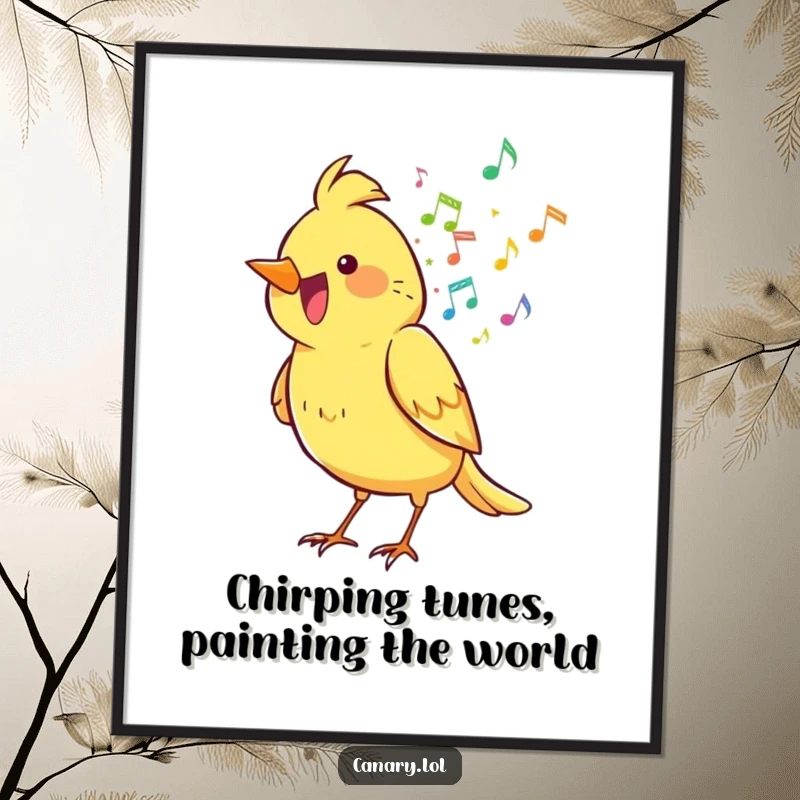 Funny Free Printable Wall Art: A canary bird joyfully spilling a rainbow of musical notes, quirky home decor.
