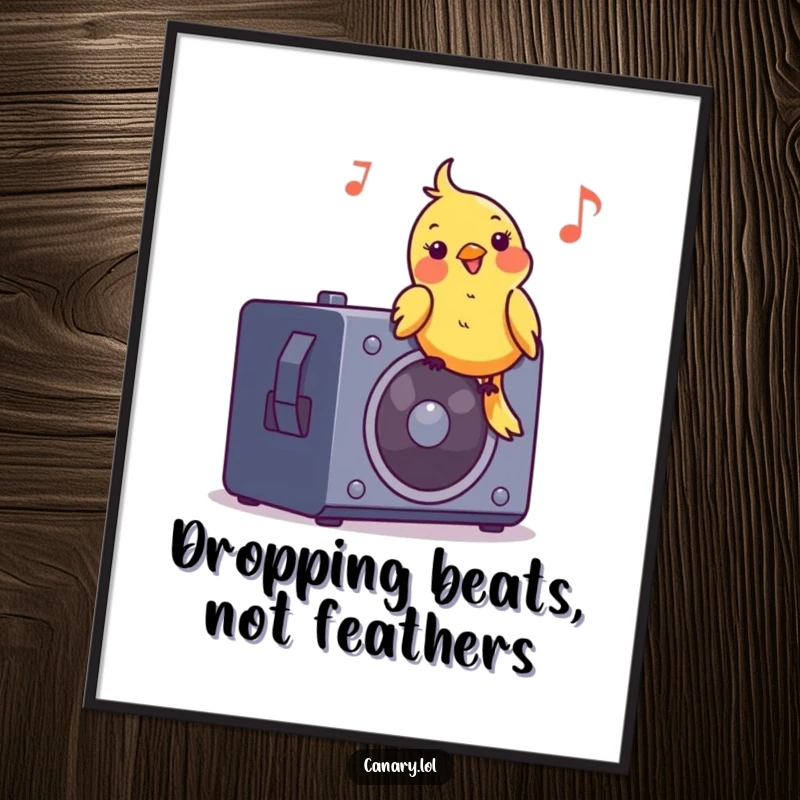 Funny Free Printable Wall Art: A cheerful canary bops its head on a speaker, radiating cool musical vibes and happy energy.