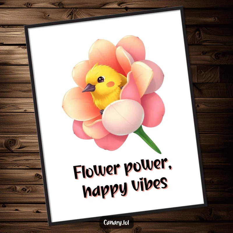 Funny Free Printable Wall Art: Curious canary bird peeking out from within a vibrantly colored flower.