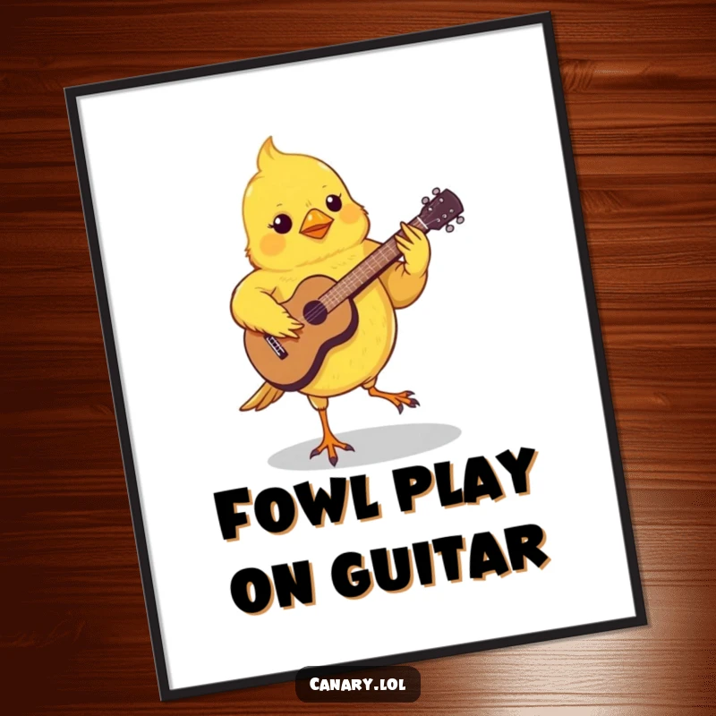 Funny free printable wall art: A canary grooving with its tiny feet, playing a miniature guitar like a rockstar. Music lover art.