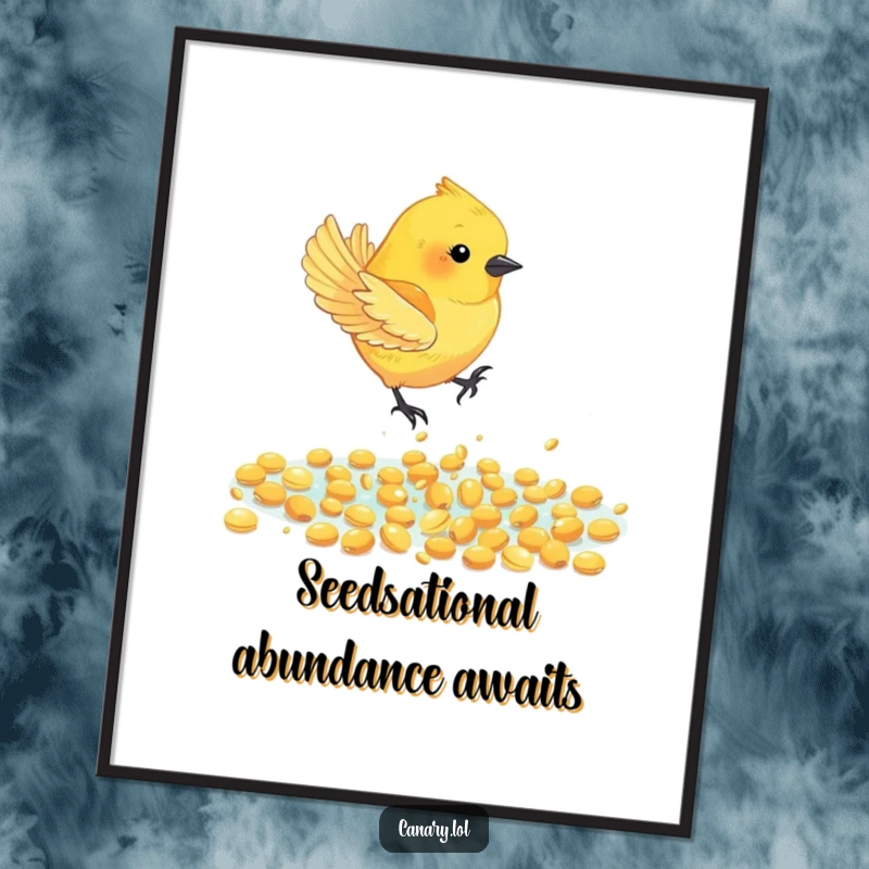 Funny Free Printable Wall Art: Canary bird joyfully diving headfirst into a sparkling pool of golden seeds, downloadable art.