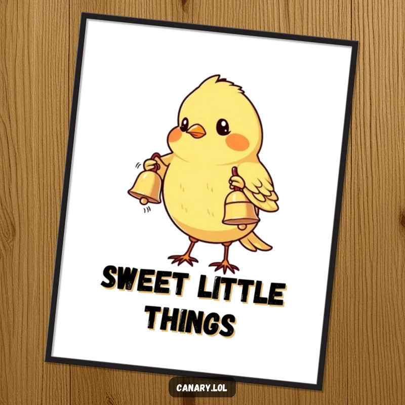Funny Free Printable Wall Art: Shy canary bird offering a tiny shiny bell, charming downloadable decor for any room.