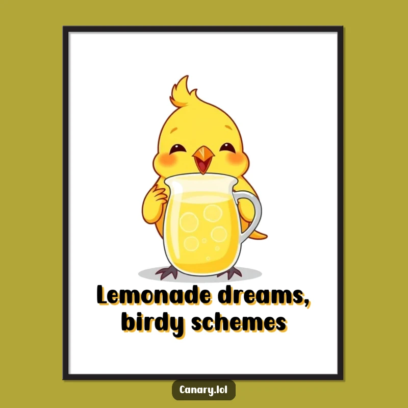 Free Printable Wall Art: Canary Bird Enthusiastically Drinking Lemonade