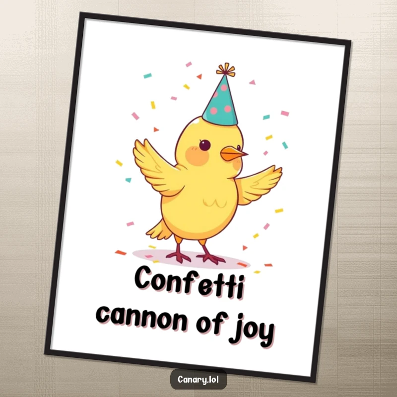 Funny Free Printable Wall Art showing a canary bird in a party hat juggling colorful confetti with glee.
