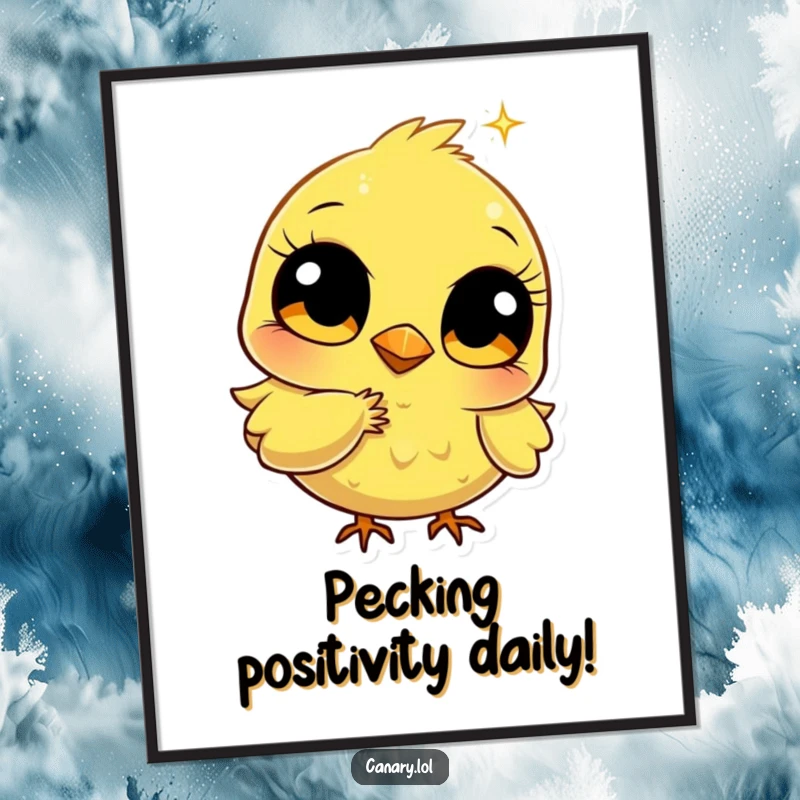 Funny Free Printable Wall Art of a stylized canary with large eyes intently pecking a radiant golden sparkle.