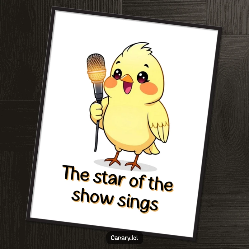 Funny Free Printable Wall Art of a delighted canary bird holding a glowing microphone like a rockstar.