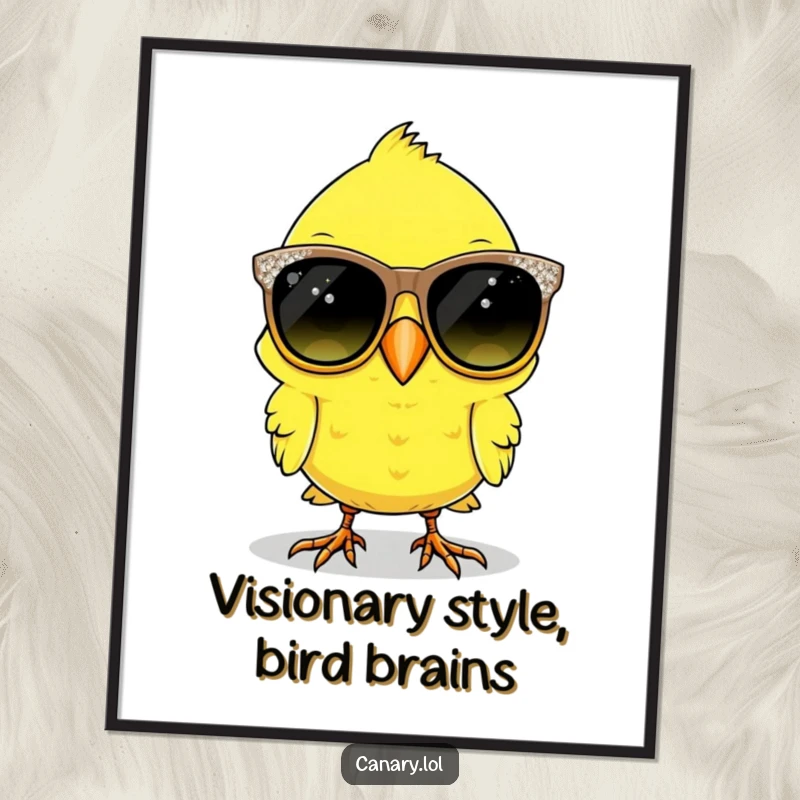 Funny free printable wall art: A canary bird comically trying to put on way too big, glittery sunglasses, looking absurdly stylish.