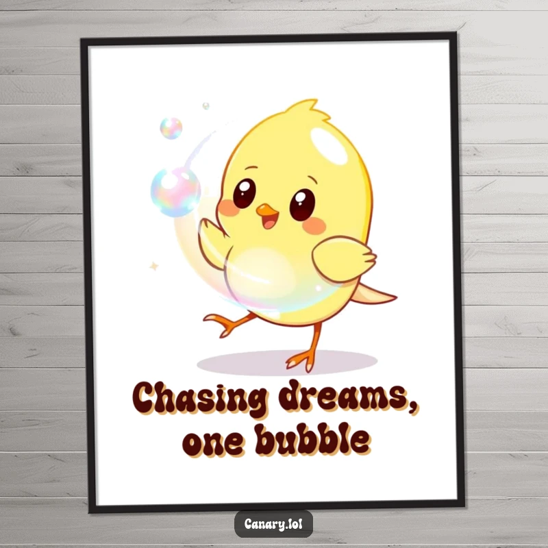 Funny Free Printable Wall Art: A small canary gleefully chases a large, shimmering iridescent bubble, capturing a moment of pure joy.