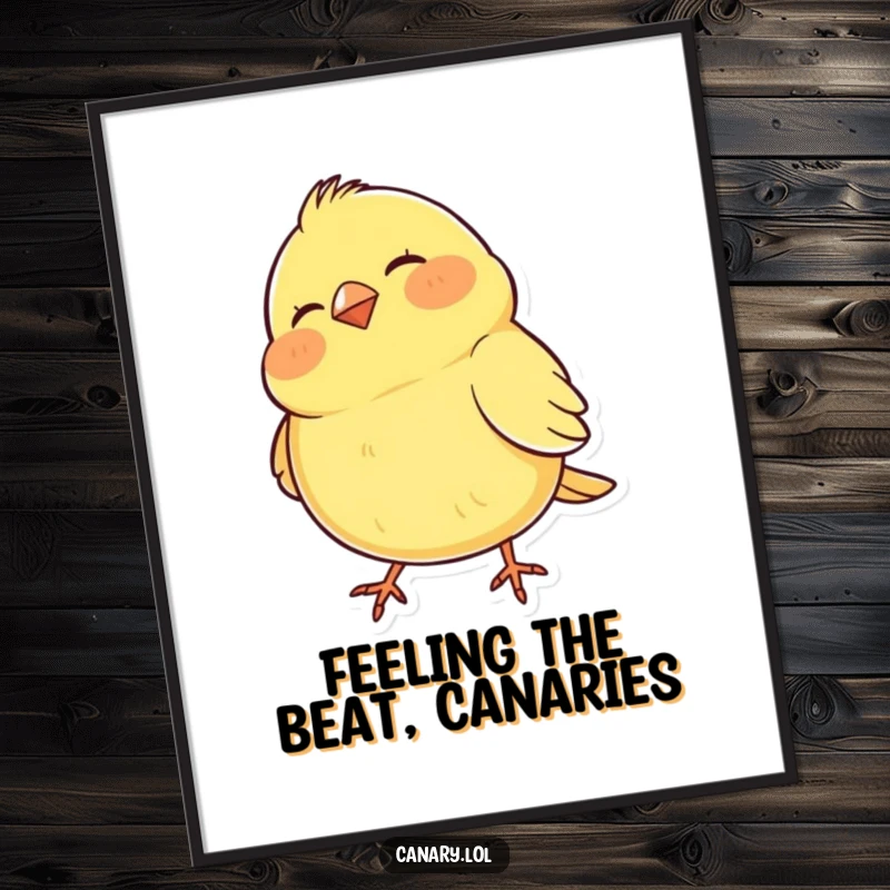 Funny free printable wall art: A bright yellow canary with puffed cheeks joyfully bobs its head to an unseen rhythm.