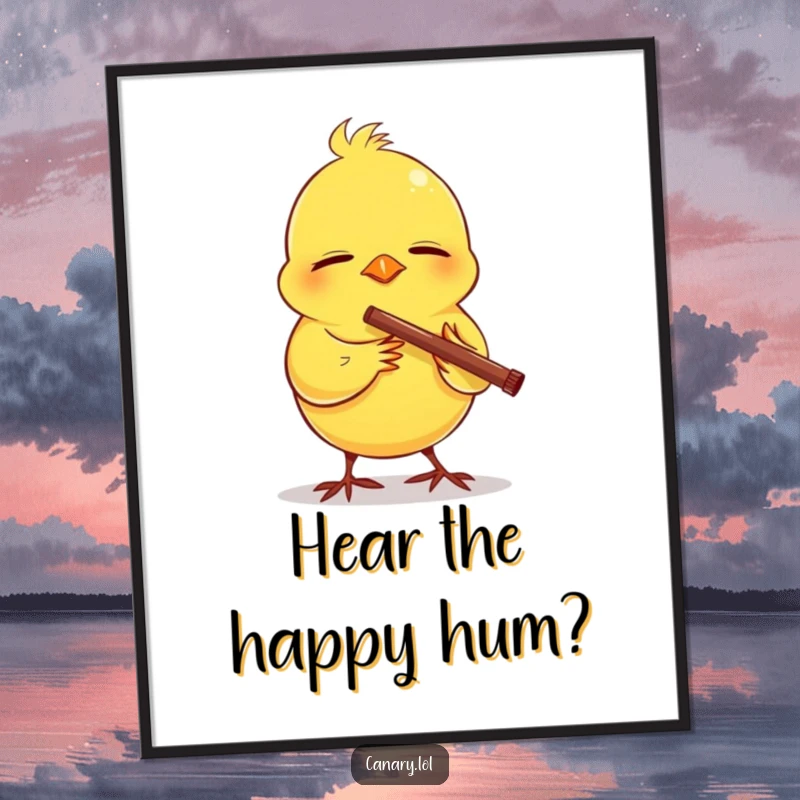 Funny Free Printable Wall Art depicting a content canary with eyes shut, joyfully playing a miniature flute.