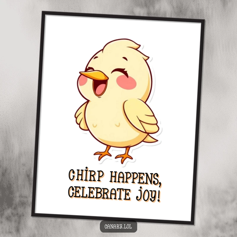 Funny Free Printable Wall Art: Adorable kawaii canary with a huge smile, belting out a high musical note with joy.