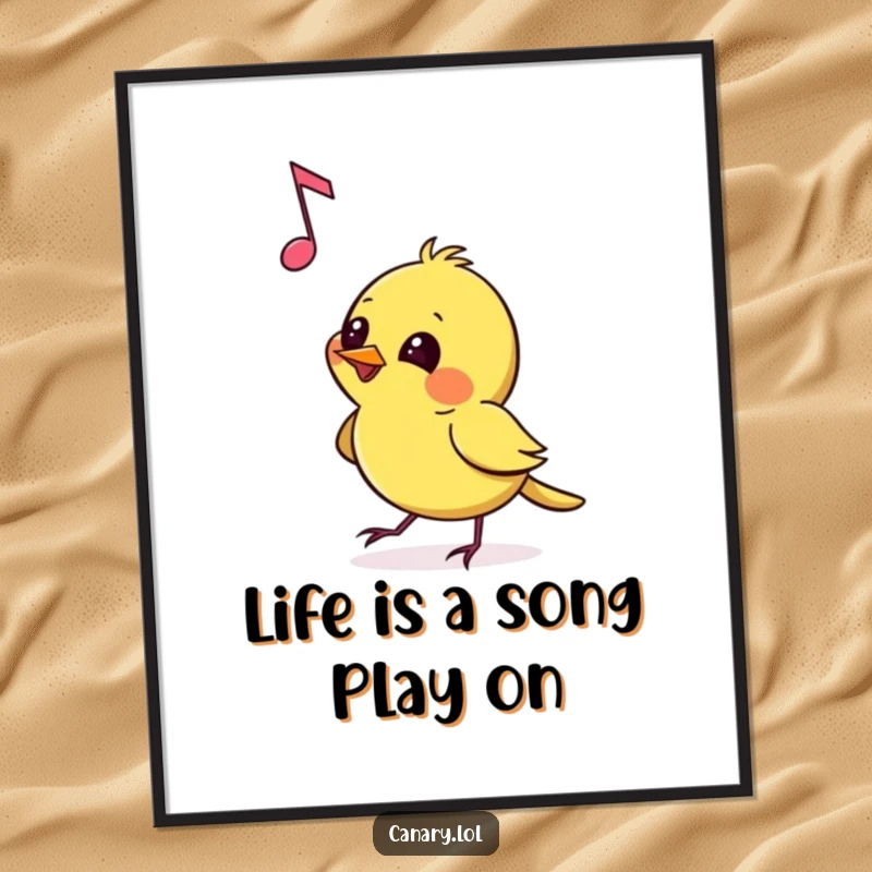 Funny Free Printable Wall Art: A canary with a mischievous grin pecking at a floating musical note with evident glee.