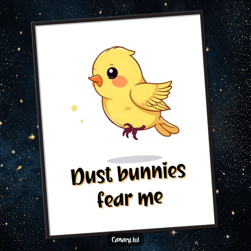 Funny Free Printable Wall Art: Playful canary bird energetically chasing a sparkling dust mote, creating whimsical and fun downloadable art.